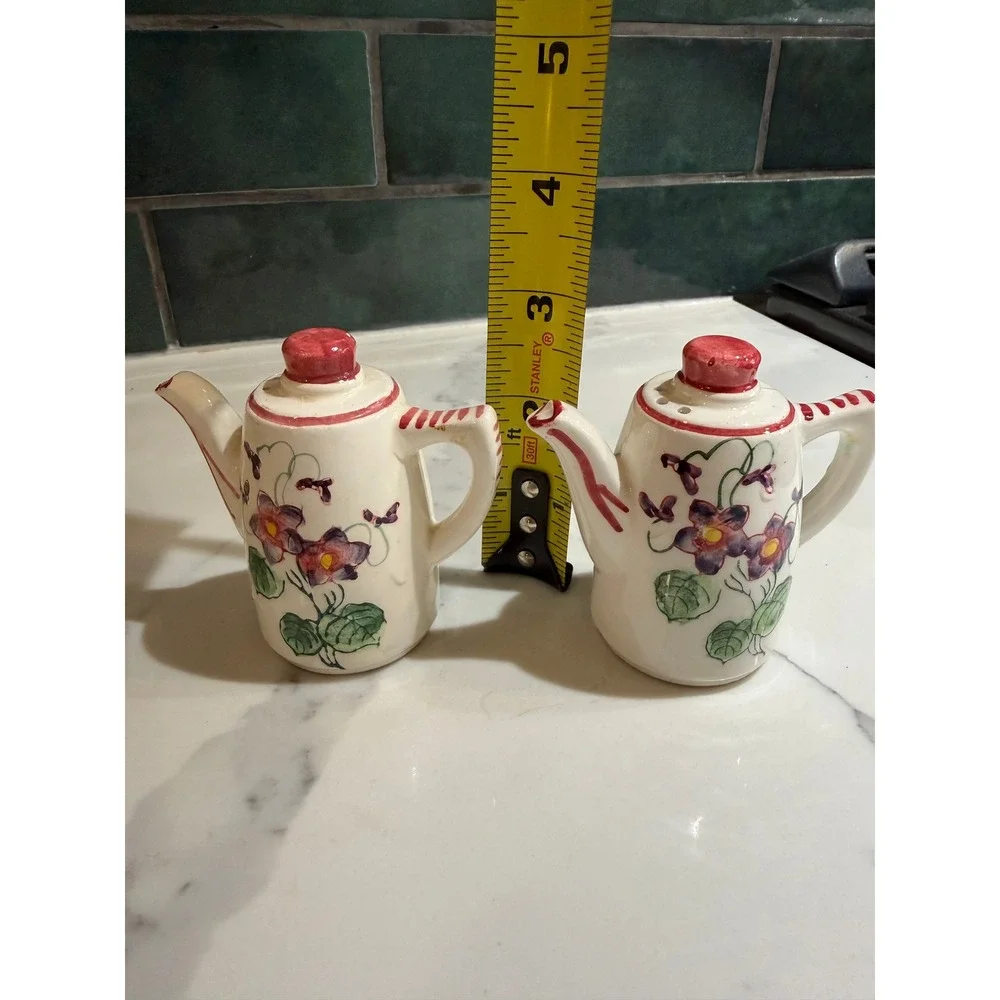 Vintage Japan Ceramic Teapot Salt and Pepper Shakers Purple Violets Floral Set